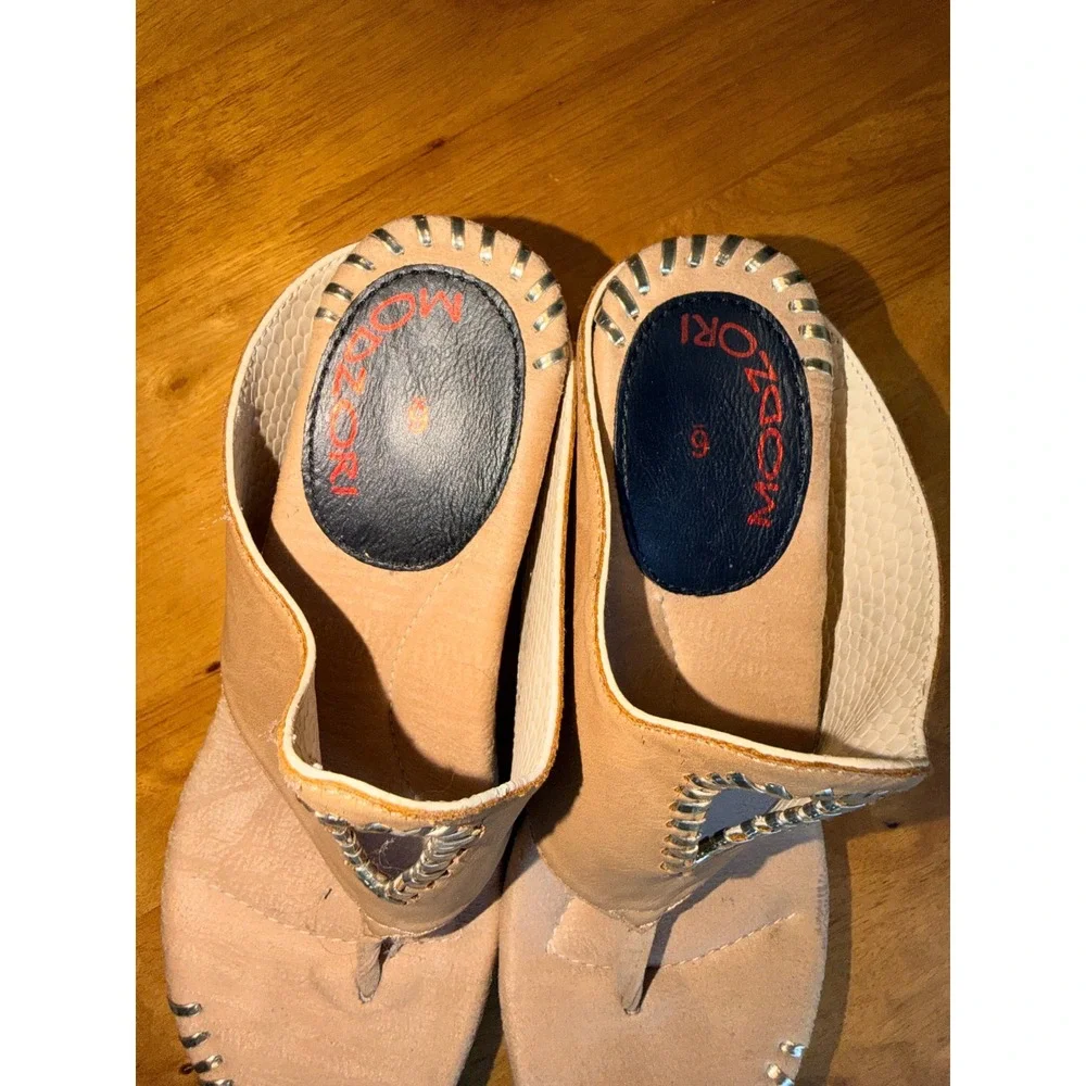 Modzori Tan Leather Whipstitch Wedge Thong Sandals Size 6 Bohemian Platform